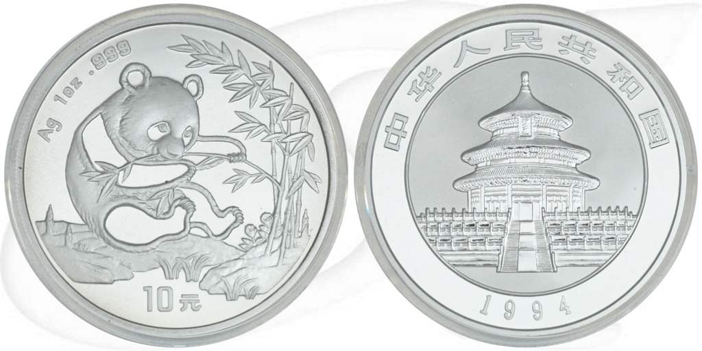 China Panda 1994 BU 10 Yuan 31,10g (1oz) Silber fein Variante 1 Münze Vorderseite und Rückseite zusammen