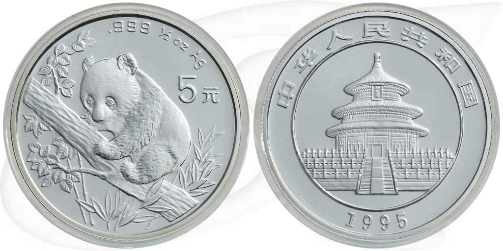 China Panda 1995 BU 5 Yuan 15,55g (1/2oz) Silber fein Münze Vorderseite und Rückseite zusammen