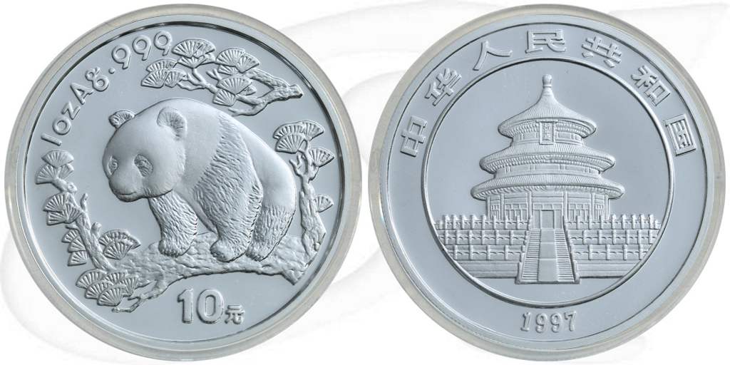 China 10 Yuan 1997 BU Panda 31,10g (1oz) Silber fein Variante 1 Münze Vorderseite und Rückseite zusammen