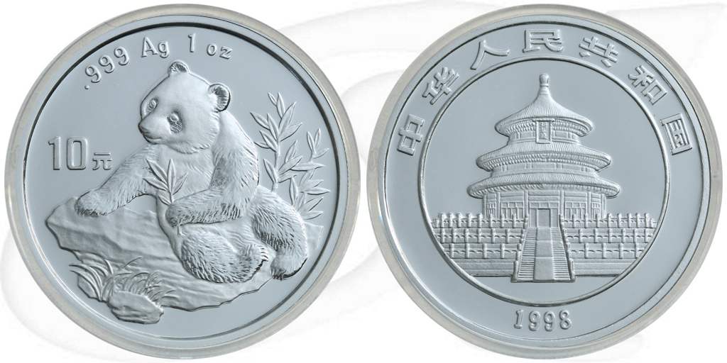 China 10 Yuan 1998 BU Panda 31,10g (1oz) Silber fein Variante 2 Münze Vorderseite und Rückseite zusammen