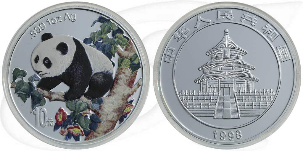 China 10 Yuan 1998 BU Panda 31,10g (1oz) Silber fein Farbe Münze Vorderseite und Rückseite zusammen