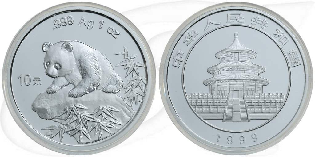 China Panda 1999 BU 10 Yuan 31,10g (1oz) Silber fein Variante 1 Münze Vorderseite und Rückseite zusammen