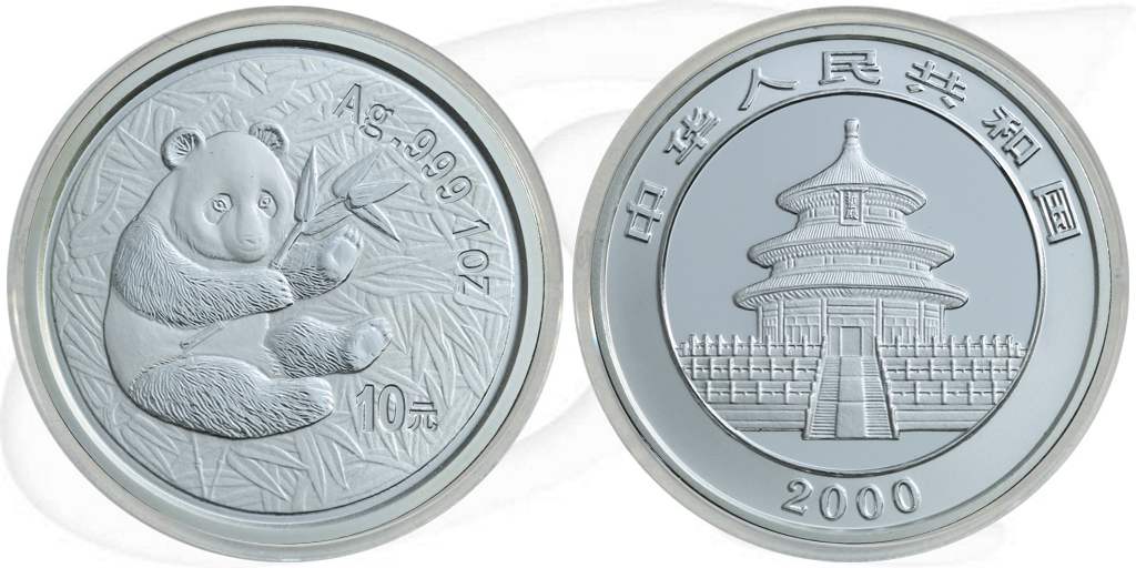 China 10 Yuan 2000 BU Panda 31,10g (1oz) Silber fein Variante 1 Münze Vorderseite und Rückseite zusammen
