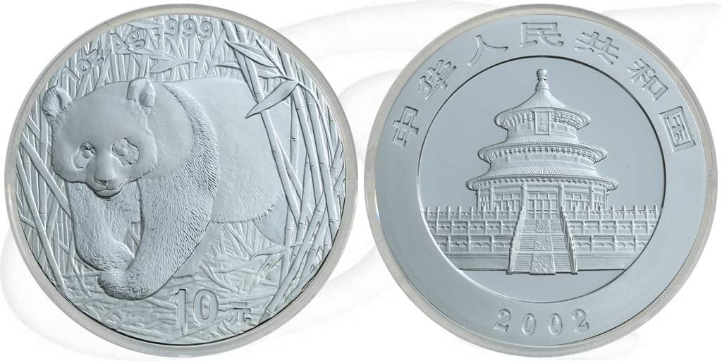 China 10 Yuan 2002 BU Panda 31,10g (1oz) Silber fein Münze Vorderseite und Rückseite zusammen