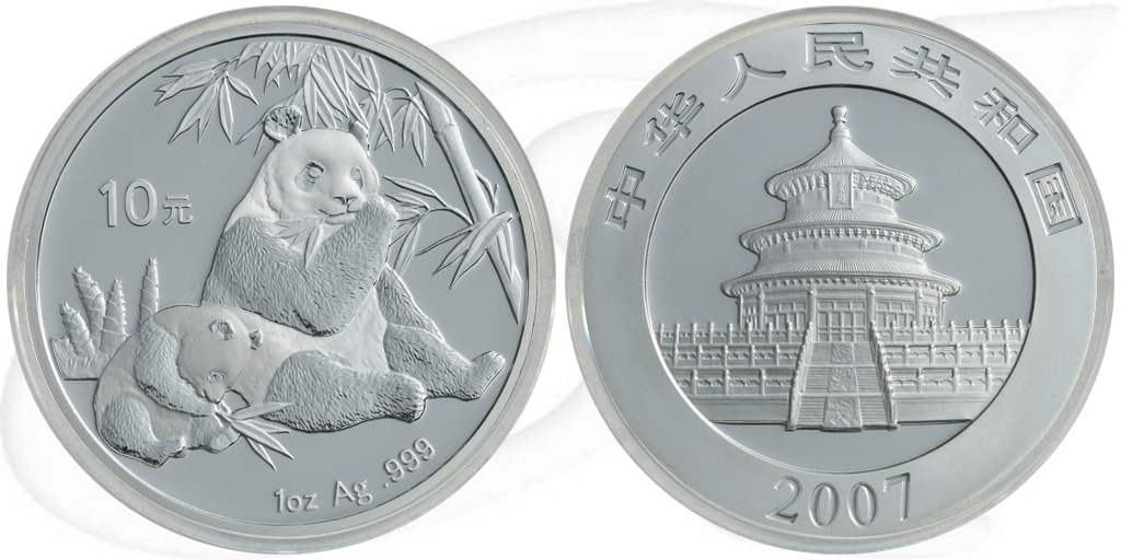 China 10 Yuan 2007 BU Panda 31,10g (1oz) Silber fein Münze Vorderseite und Rückseite zusammen