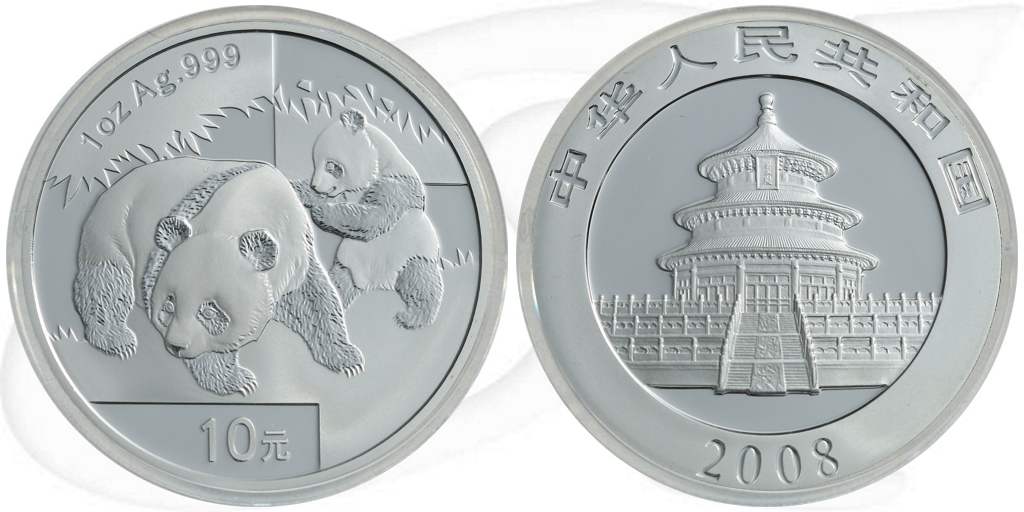 China 10 Yuan 2008 BU Panda 31,10g (1oz) Silber fein Münze Vorderseite und Rückseite zusammen