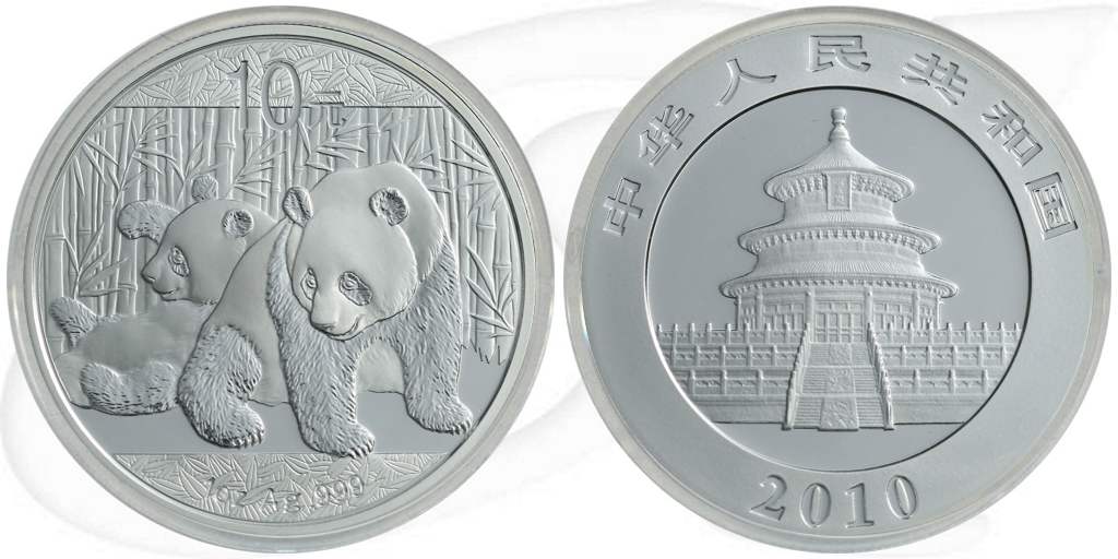 China 10 Yuan 2010 BU Panda 31,10g (1oz) Silber fein Münze Vorderseite und Rückseite zusammen