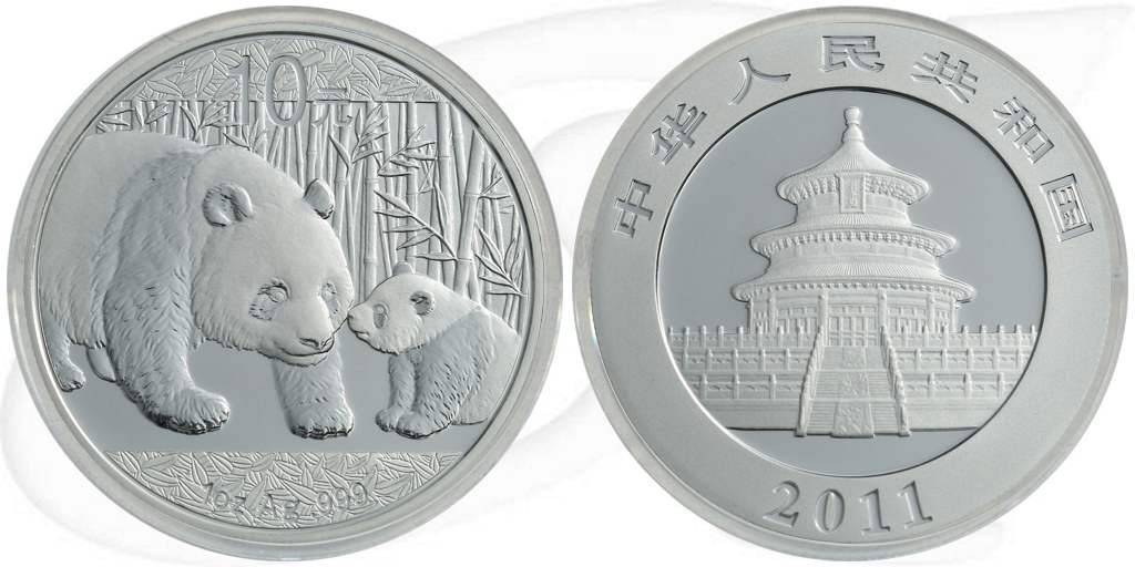 China 10 Yuan 2011 BU Panda 31,10g (1oz) Silber fein Münze Vorderseite und Rückseite zusammen