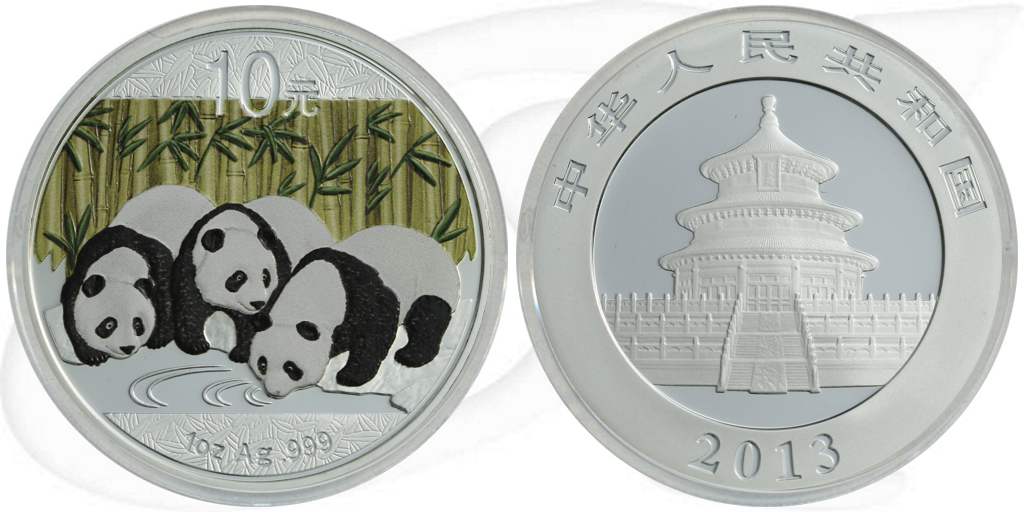 China 10 Yuan 2013 BU Panda 31,10g (1oz) Silber fein Farbe Münze Vorderseite und Rückseite zusammen