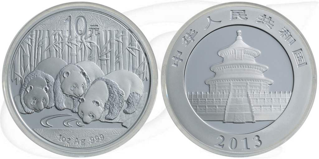 China 10 Yuan 2013 BU Panda 31,10g (1oz) Silber fein Münze Vorderseite und Rückseite zusammen