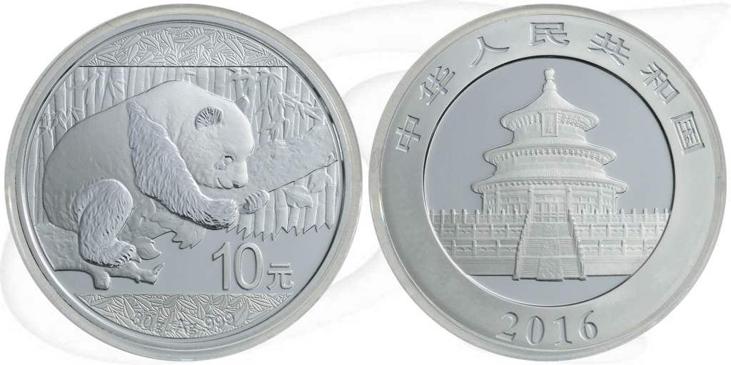 China 10 Yuan 2016 BU Panda 30,00 gr Silber fein Münze Vorderseite und Rückseite zusammen