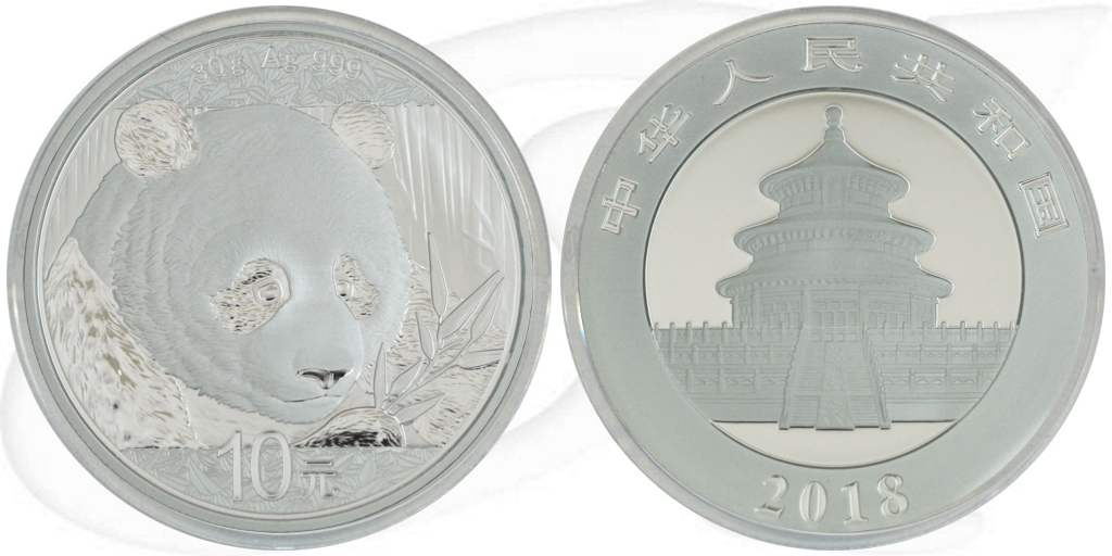 China 10 Yuan 2018 BU Panda 31,10g (1oz) Silber fein Münze Vorderseite und Rückseite zusammen