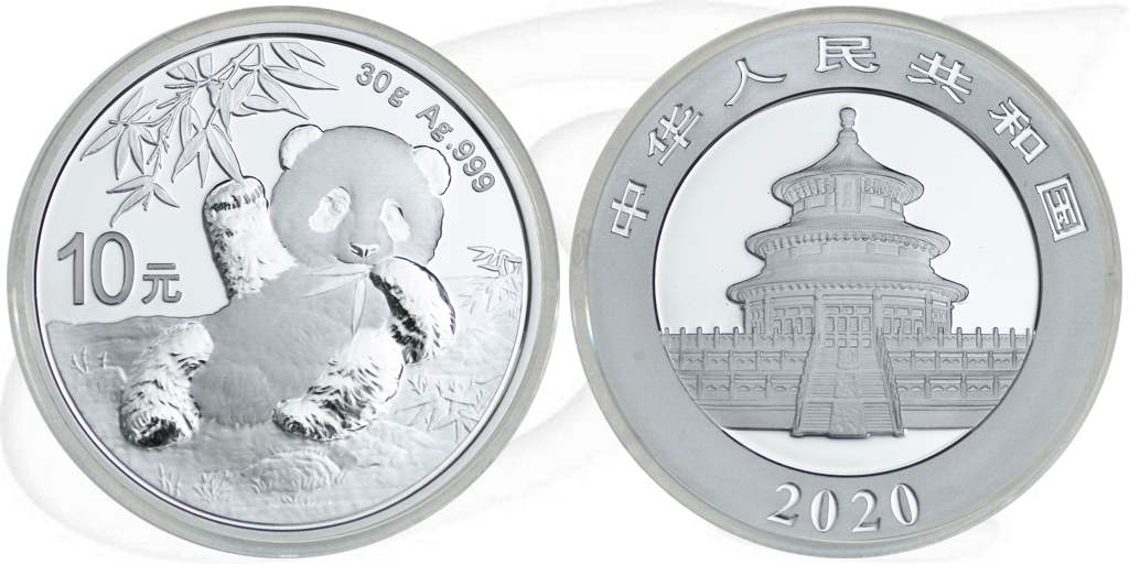 China Panda 2020 Silber 10 Yuan Münze Vorderseite und Rückseite zusammen