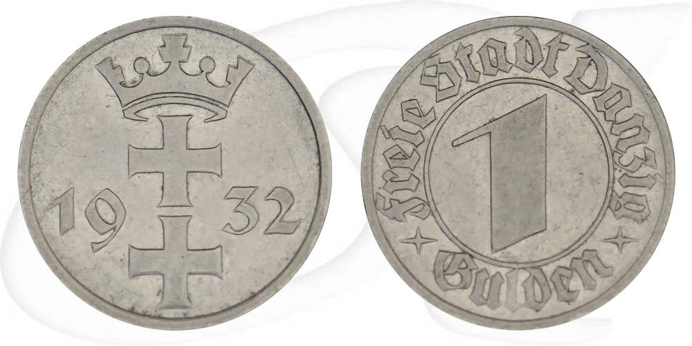 Danzig 1 Gulden 1932 ss Wappen Münze Vorderseite und Rückseite zusammen