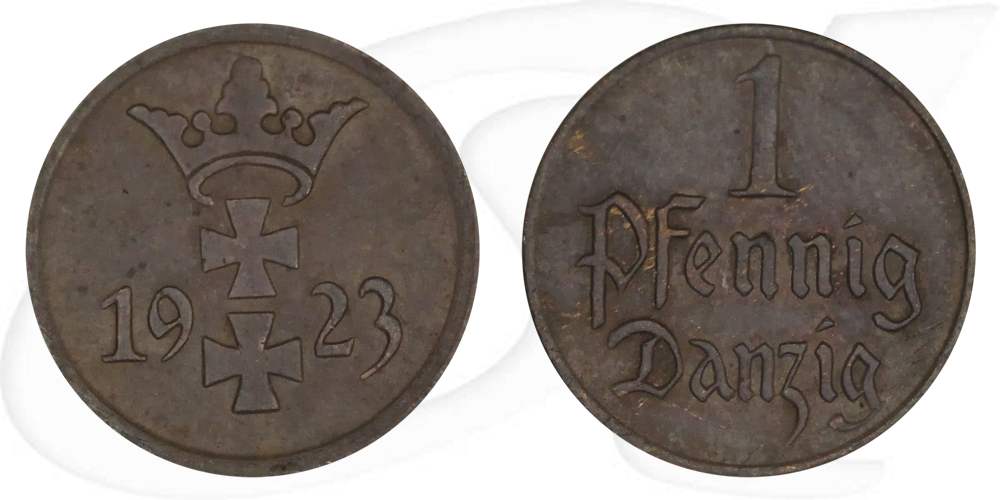 Danzig 1 Pfennig 1923 ss Wappen Münze Vorderseite und Rückseite zusammen