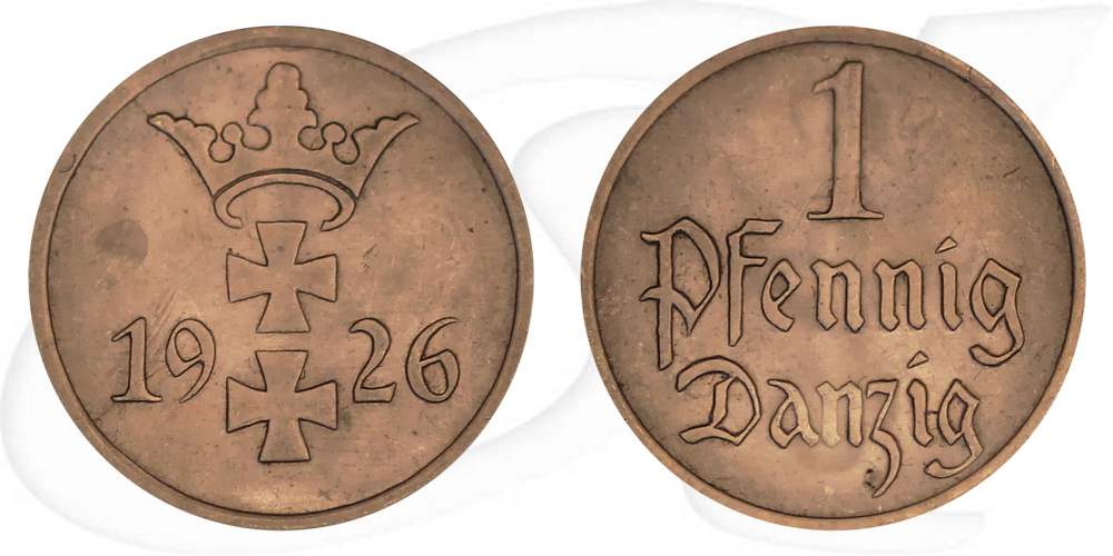 Danzig 1 Pfennig 1926 fast prägefrisch Wappen Münze Vorderseite und Rückseite zusammen