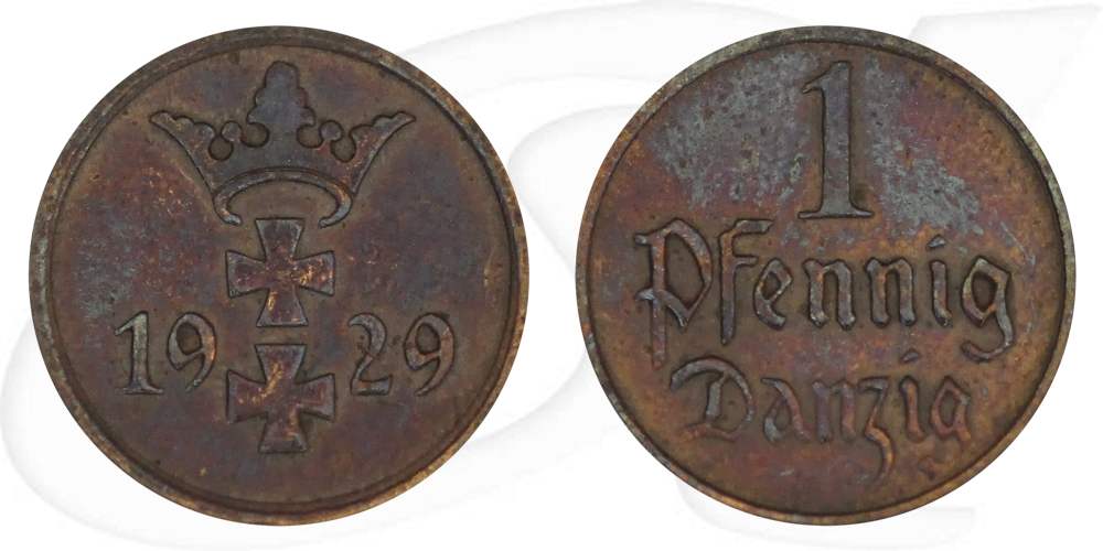 Danzig 1 Pfennig 1929 ss-vz Wappen Münze Vorderseite und Rückseite zusammen