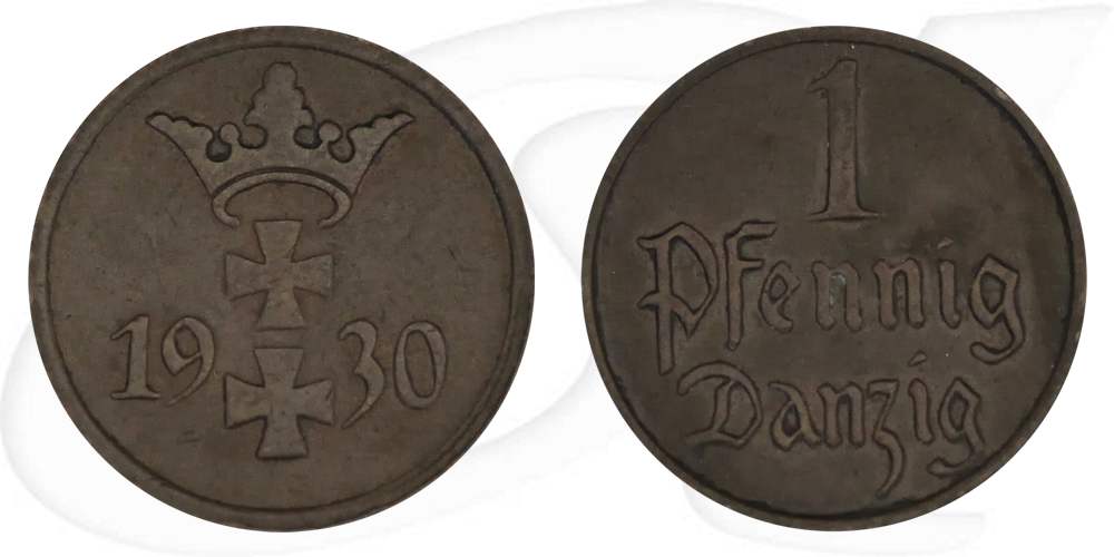 Danzig 1 Pfennig 1930 ss-vz Wappen Münze Vorderseite und Rückseite zusammen