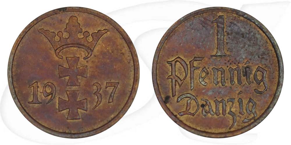 Danzig 1 Pfennig 1937 ss-vz Wappen Münze Vorderseite und Rückseite zusammen