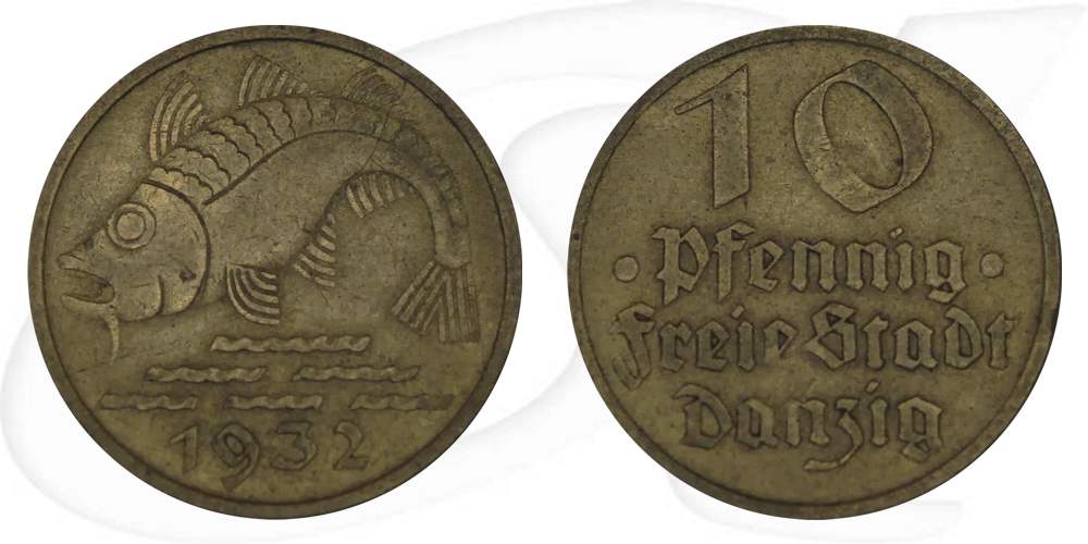 Danzig 10 Pfennig 1932 ss Dorsch Münze Vorderseite und Rückseite zusammen