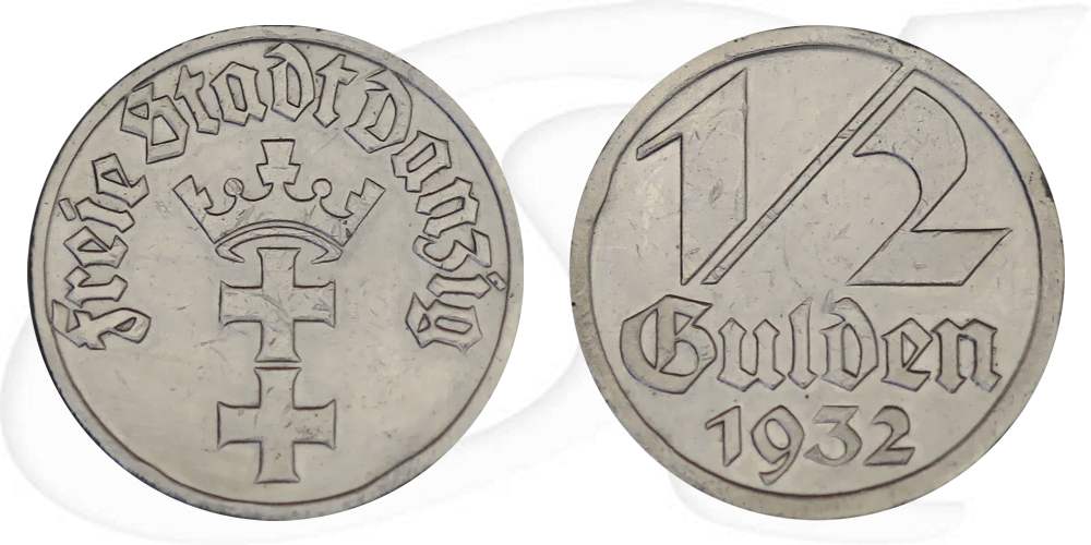 Danzig 1/2 Gulden 1932 ss min RF Wappen Münze Vorderseite und Rückseite zusammen