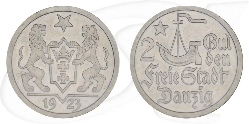 Danzig 2 Gulden 1923 vz Kogge Münze Vorderseite und Rückseite zusammen