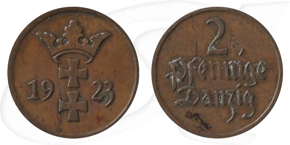 Danzig 1 Pfennig 1923 ss Wappen Münze Vorderseite und Rückseite zusammen