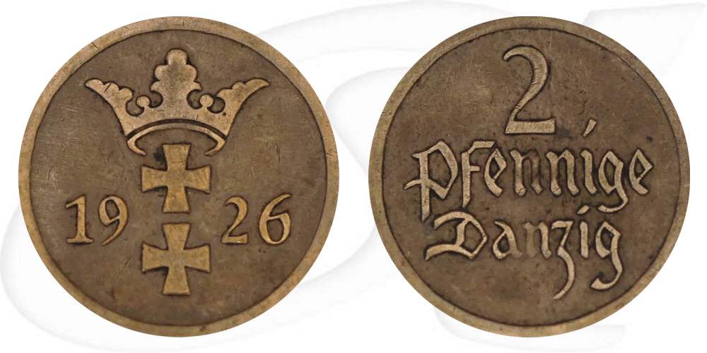 Danzig 2 Pfennig 1926 ss Wappen Münze Vorderseite und Rückseite zusammen