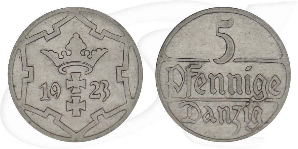 Danzig 5 Pfennig 1923 ss Wappen Münze Vorderseite und Rückseite zusammen