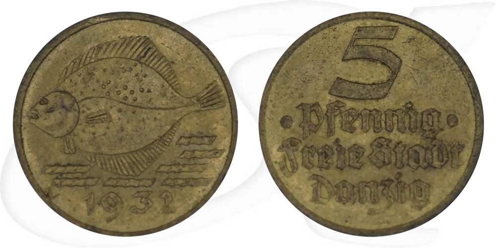 Danzig 5 Pfennig 1932 ss Flunder Münze Vorderseite und Rückseite zusammen