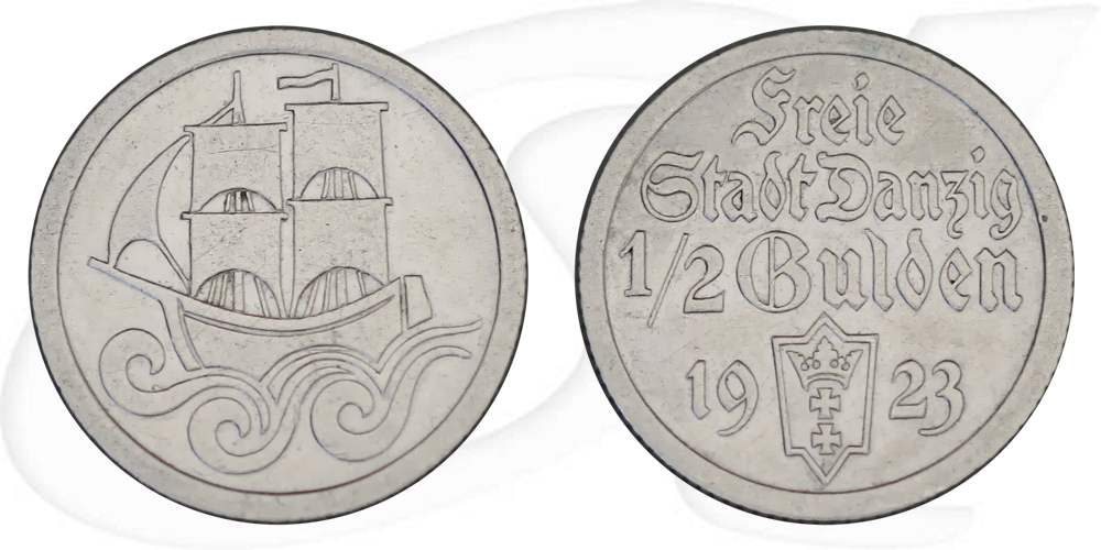 Danzig 1/2 Gulden 1923 ss Kogge Münze Vorderseite und Rückseite zusammen