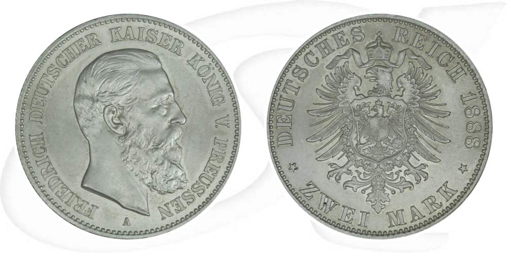 Deutsches Kaiserreich - Preussen 2 Mark 1888 A vz-st Friedrich III. Münze Vorderseite und Rückseite zusammen