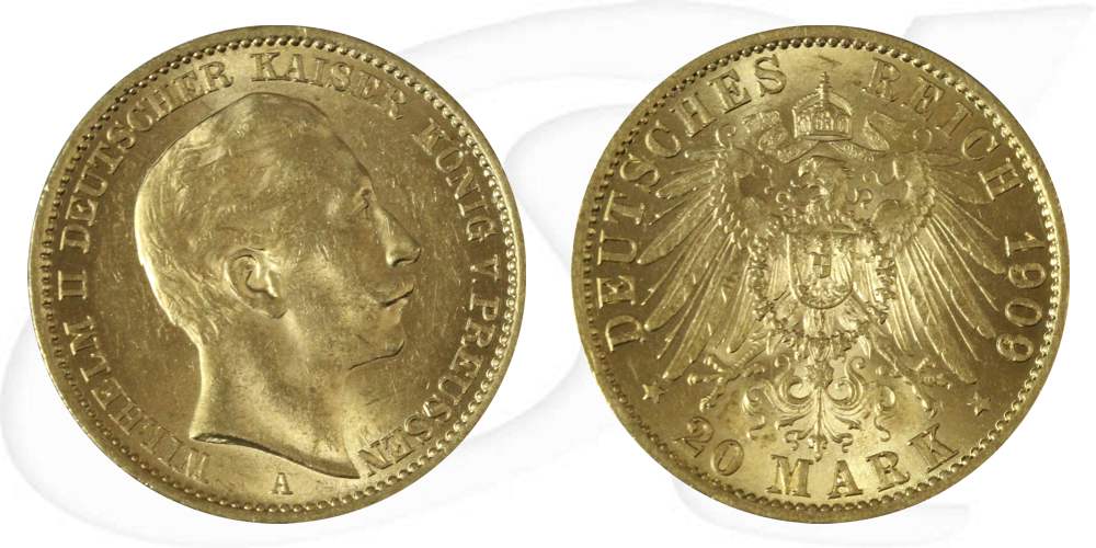 Deutschland Preussen 20 Mark Gold 1909 A vz+ Wilhelm II.