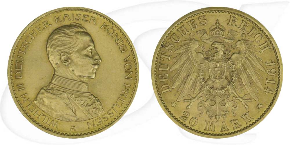 Deutschland Preussen 20 Mark Gold 1914 vz Wilhelm II. in Gardeuniform