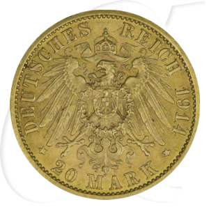 Deutschland Preussen 20 Mark Gold 1914 vz Wilhelm II. in Gardeuniform