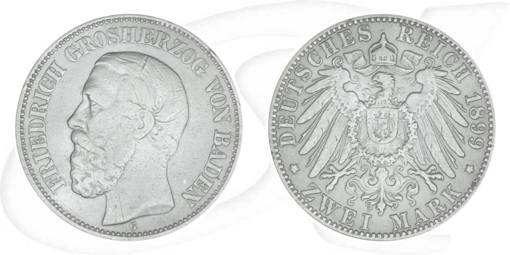Deutschland Baden 2 Mark 1899 ss Friedrich I. Münze Vorderseite und Rückseite zusammen