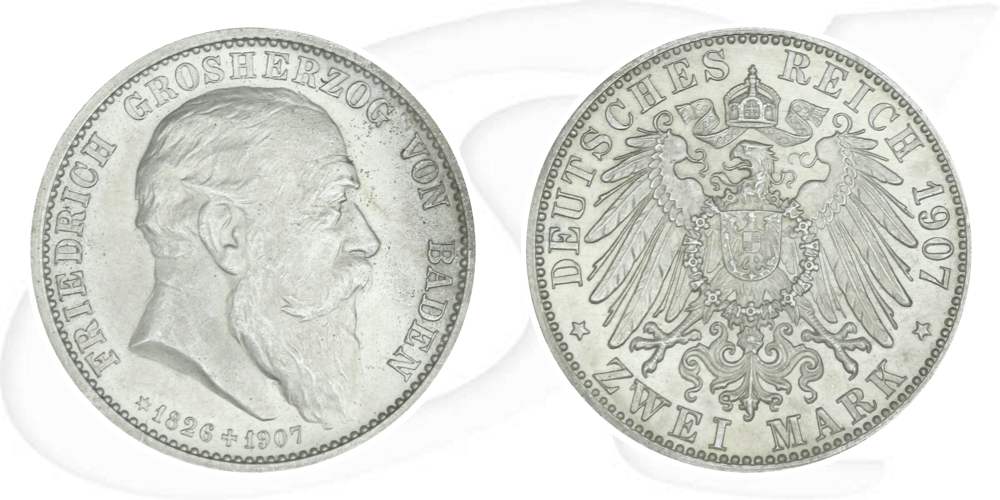 Deutschland Baden 2 Mark 1907 vz+ Friedrich I. auf den Tod