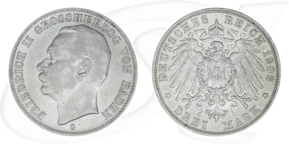 Deutschland Baden 3 Mark 1908 ss+ Friedrich II.