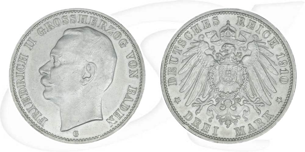 Deutschland Baden 3 Mark 1910 ss RF Friedrich II.