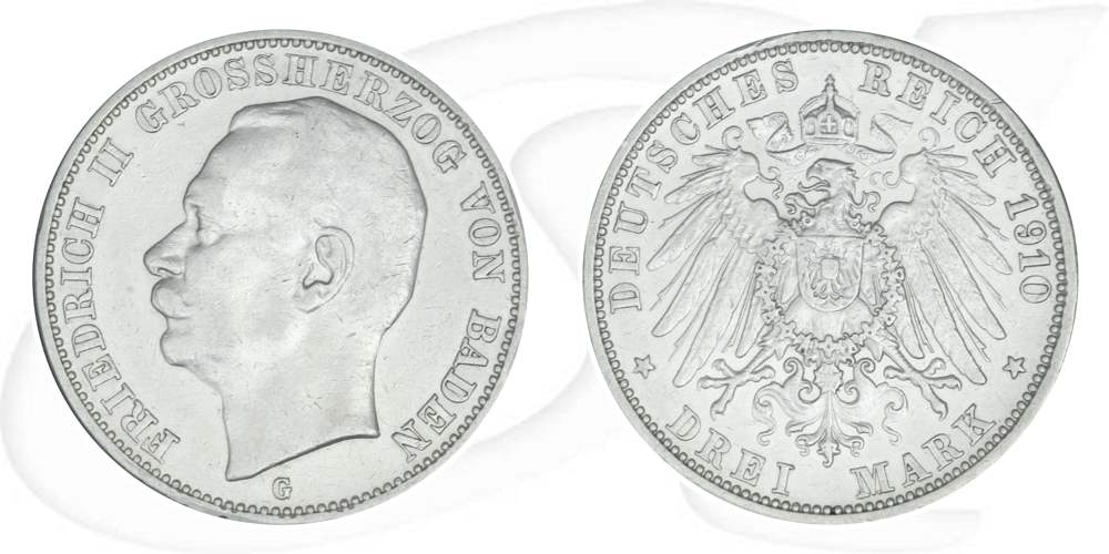 Deutschland Baden 3 Mark 1910 ss+ Friedrich II.