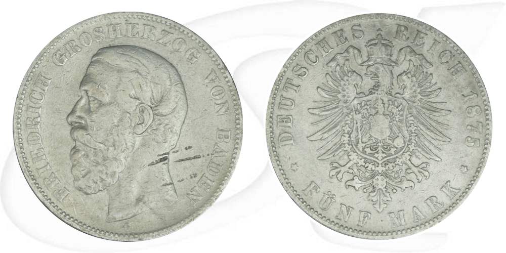 Deutschland Baden 5 Mark 1875 fast ss Friedrich I.