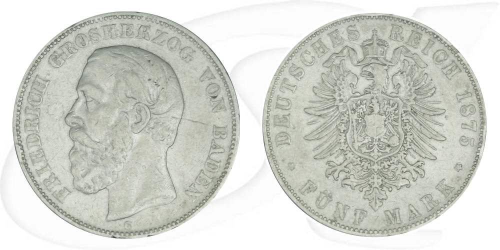 Deutschland Baden 5 Mark 1875 fast ss Friedrich I. Fehlprägung