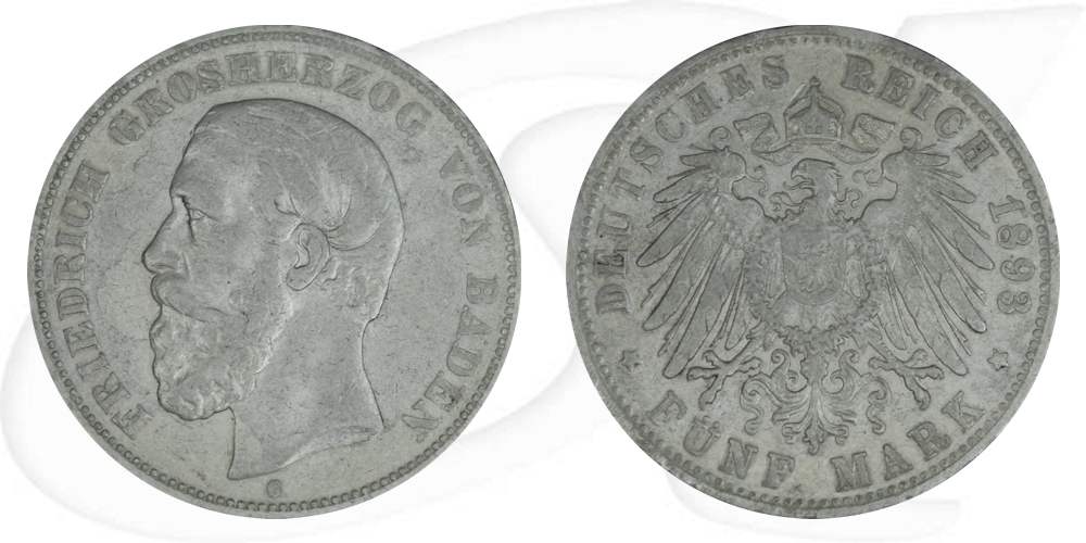 Deutschland Baden 5 Mark 1893 G ss Friedrich I.