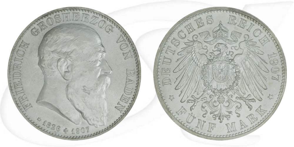 Deutschland Baden 5 Mark 1907 vz-st Friedrich I. auf den Tod