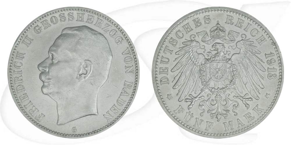 Deutschland Baden 5 Mark 1913 fast vz Friedrich II.