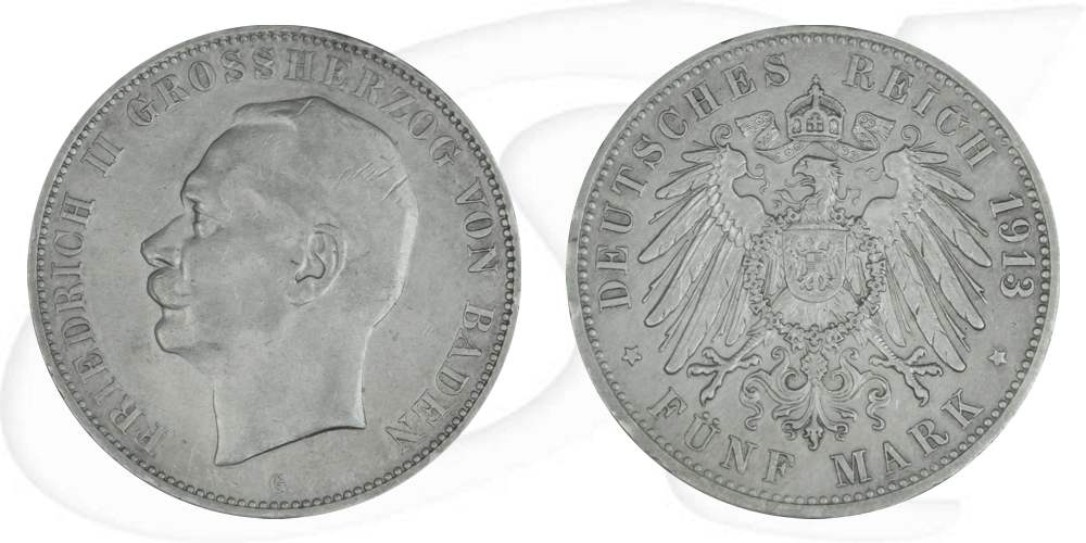 Deutschland Baden 5 Mark 1913 ss Friedrich II.