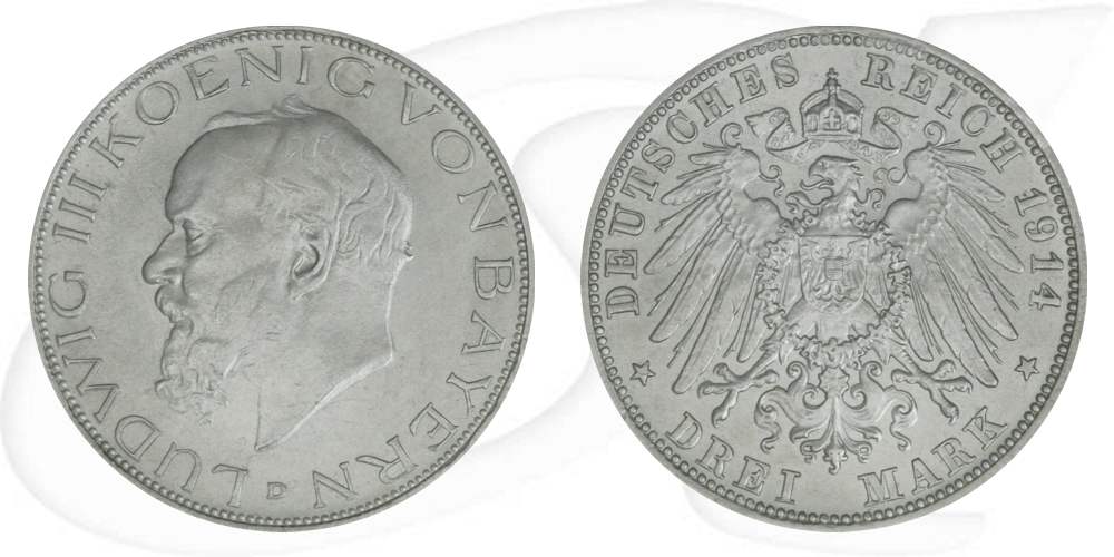 Deutschland Bayern 3 Mark 1914 fast st Ludwig III.