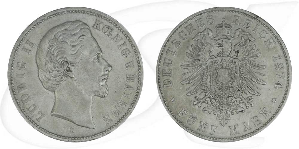 Deutschland Bayern 5 Mark 1874 ss-vz Ludwig II.