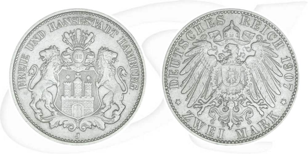 Deutschland Hamburg 2 Mark 1907 fast ss Wappen