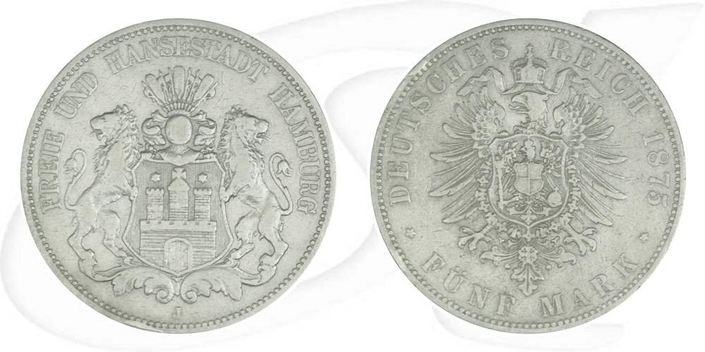 Deutschland Hamburg 5 Mark 1875 fast ss RF Wappen